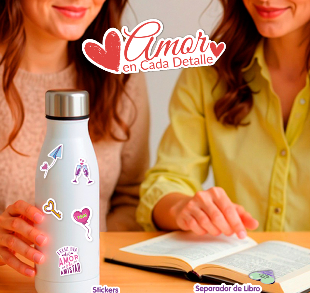 Dos personas leyendo juntas con una botella decorada con stickers adhesivos removibles y un separador de libro magnético, bajo el lema ‘Amor en cada detalle