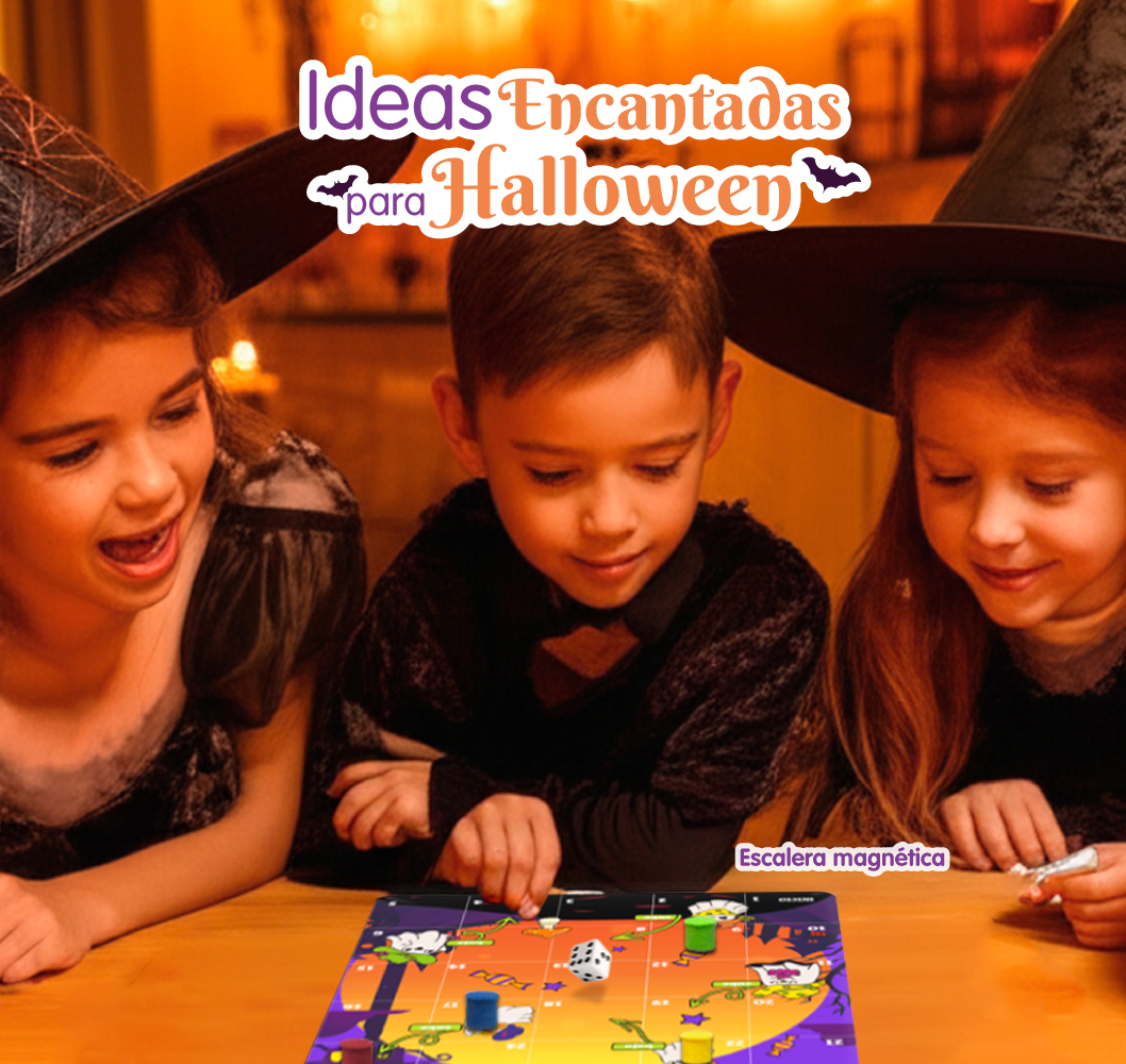 Niños disfrazados de brujas jugando con una escalerita magnética temática de Halloween, parte de una colección de ideas encantadas para esta temporada.