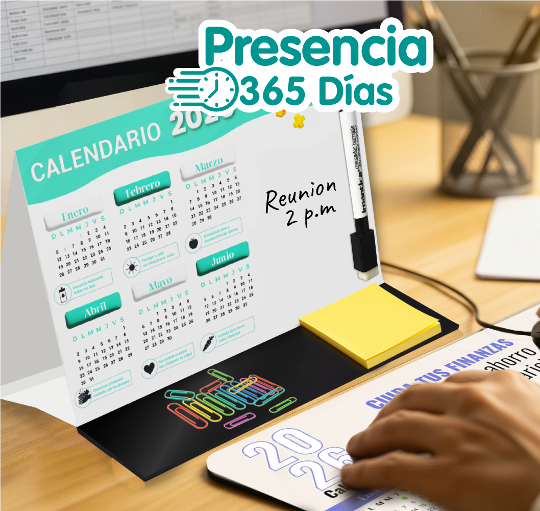 Base de escritorio personalizada con calendario magnético y mousepad con diseño de calendario, ideales para mantener presencia de marca durante todo el año.